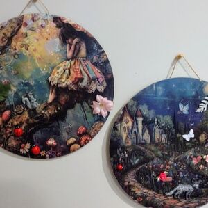 Set of Two 12" Wooden Rounds Fantasy Mixed Media Art Wall Decor.